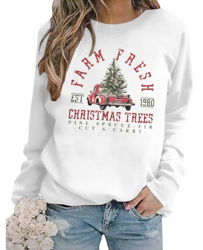 MYHALF Christmas Sweatshirts for Women 2025 Crewneck Christmas Trees Shirts Long Sleeve Xmas Holiday Sweater Tops Lightweight