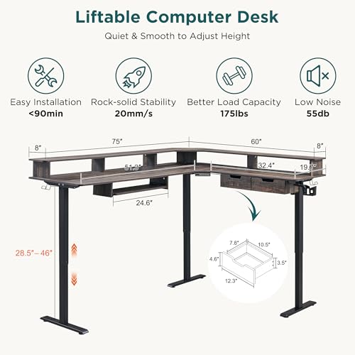 Image of RedLemon 75X60 Inches L Shaped Electric Standing Desk,Height Adjustable Corner Gaming Desk with Drawers, Keyboard Tray, Power Outlets & LED Lights, Computer Desk with Monitor Shelf, Dark Rustic Oak