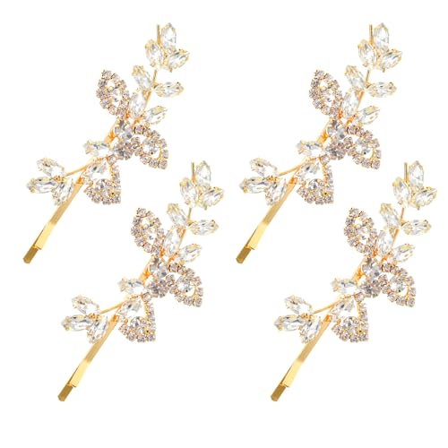 Lot de 4 barrettes à cheveux en strass - Pour mariage - Doré - Paillettes - Élégantes - En forme de feuille - Pour femmes et filles - Accessoire de...