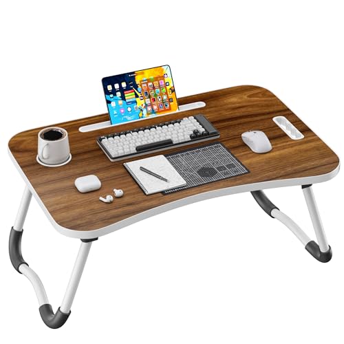 Image of Folding Lap Desk, 23.6 Inch Wood Laptop Bed Desk with Cup Holder, Portable Bed Table for Working Writing Reading, Eating for Bed, Floor, Sofa, Couch - Brown