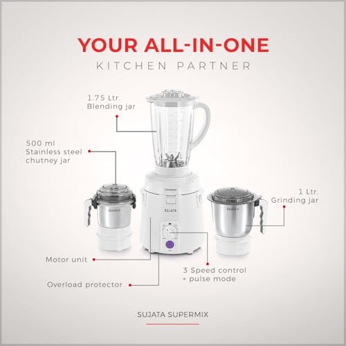 Sujata Supermix Mixer Grinder|900 Watts Double Ball Bearing Motor|22000 RPM|Non-Stop 90 Mins Running|3 Jars including 1750ml Blender, 1000ml Grinder, 500ml Chutney Jar| (White) view 2