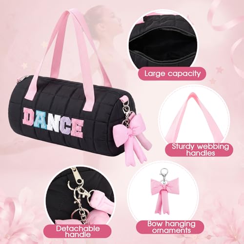 Image of 12.8 Inches Quilted Puffer Ballet Dance Bag Cute Tote Bag with Hanging Bow Pendant for Travel Dancing Dress