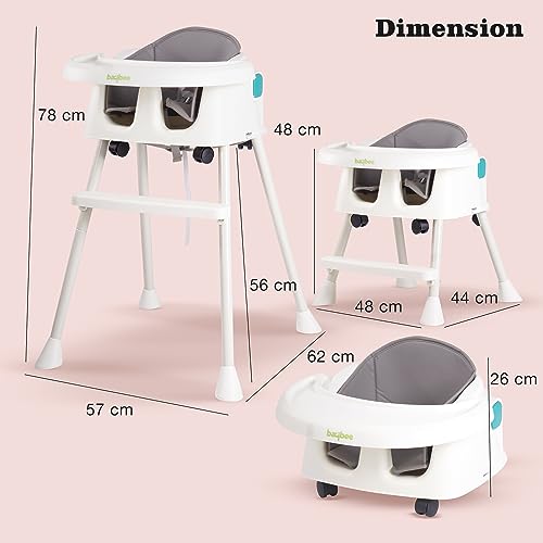 Image of Baybee 4 in 1 Convertible Kids High Chair for Baby | Comfortable Booster Seat with Height Adjustable, Footrest, Food Tray & 3 Point Safety Belt | Feeding Chair for 1 to 4 Years Boys Girls (White)