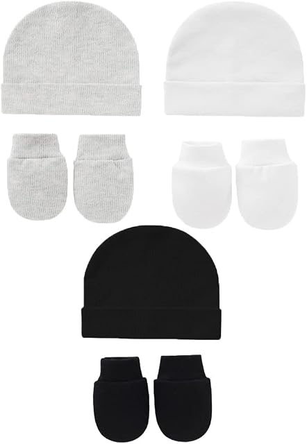 Snegyu Cotton Newborn Hospital Hat Baby Hat and Anti Scratch Mittens Set for 0-3 Months Newborn Baby Boys Girls Essentials Bonnet Infant Beanie Caps and Gloves 6pcs
