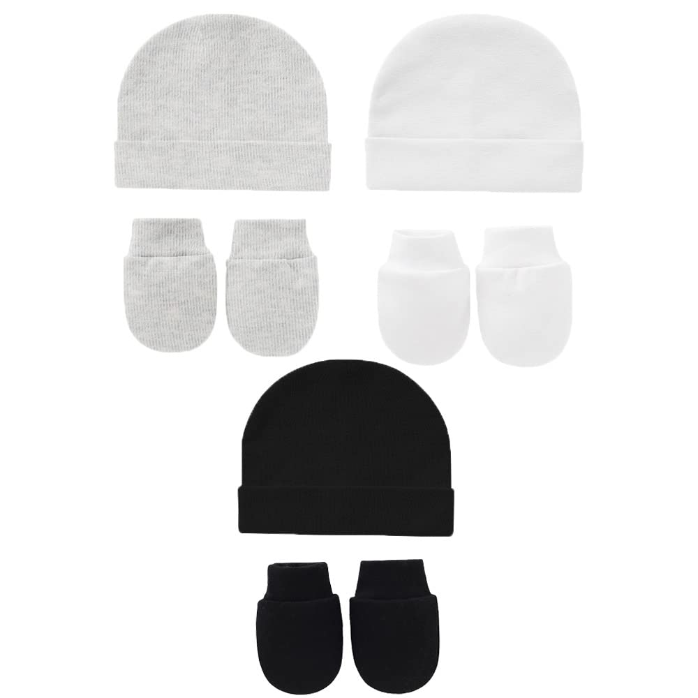 Snegyu Juego de gorro de hospital de algodón para recién nacido, gorro y manoplas antiarañazos, para bebés recién nacidos de 0 a 3 meses, gorro y guantes esenciales, 6 piezas