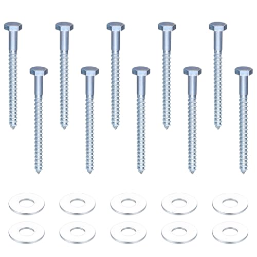 10 Stück M10 Sechskant Holzschrauben, 10 x 120 mm Verzinktes Sechskantschrauben mit Unterlegscheiben, Schlüsselschrauben Sortiment Set, DIN 571 & DIN 9021