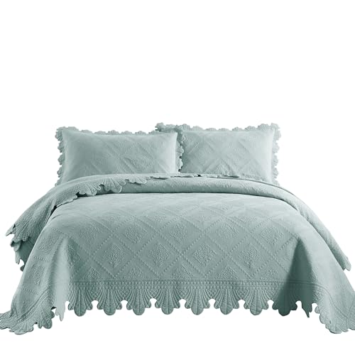 MarCielo 3-Piece 100% Cotton Oversized Bedspread Lightweight Quilt Coverlet Embroidery Farmhouse Bedding Set (Tk Aqua Green, Oversized Queen (100"x106"))