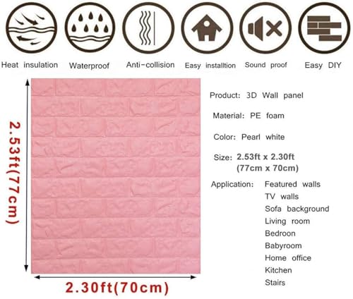 Image of 3D Brick Wallpaper for Wall | Self Adhesive PE Foam DIY Panel | Peel & Stick Decor for Home, Living, Bedroom & Office (70 x 77 cm, Appx 5.8 Sq Ft) (1, Pink)