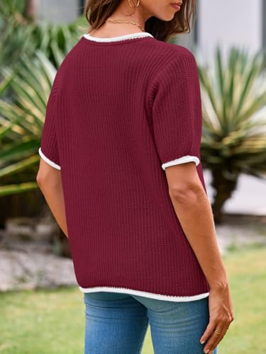 Image of Saodimallsu Womens Puff Short Sleeve Sweater Tops Spring Summer Color Block Ribbed Knit Crew Neck Going Out Shirts