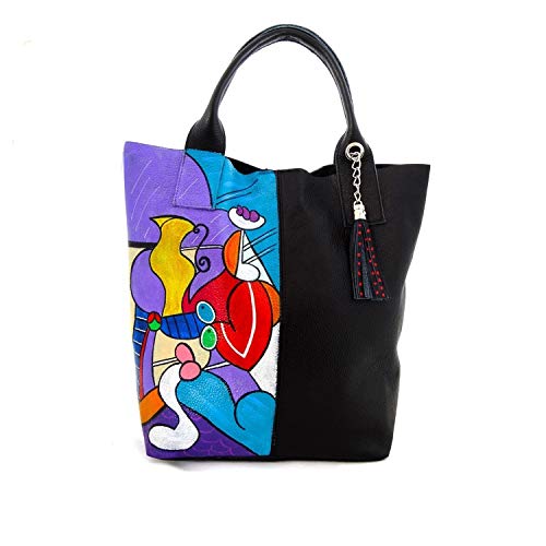 Sac femme cuir véritable peint main Picasso grand sac bandoulière shopper artisanat fait main