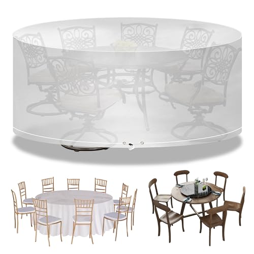 Funshot Gartenmöbel Abdeckung wasserdichte Rund, Ø 250x90cm, Gartentisch Abdeckplane Winddicht, Outdoor-Tischabdeckung für Möbelsets, Schutzhülle Gartenmöbel, Polyethylen, Transparente