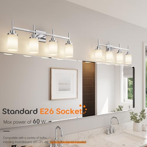 Image of 4-Light Vanity Lighting Fixtures with White Frosted Glass Shade, Polished Chrome Bathroom Wall Lamps Over Mirror for Bath Restroom Kitchen T001CH-L4