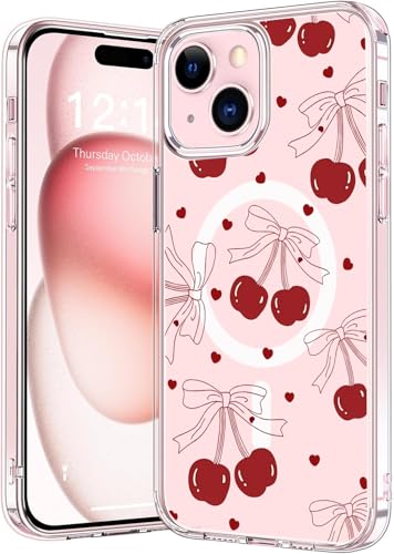 Houdqklee Magnetic Bows for iPhone 14 Pro max Case, Cute Pink Ribbon Bow Cherry Phone Case Compatible with MagSafe, Shockproof Slim Soft TPU Clear Aesthetic Protective Cases for Women Girls - image 1