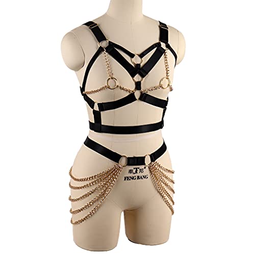 Women's Punk Body Harness Lingerie Full Waist Garter Belts Set Strappy Frame Cage Rave bras (Black Gold 65+52) - Image 4