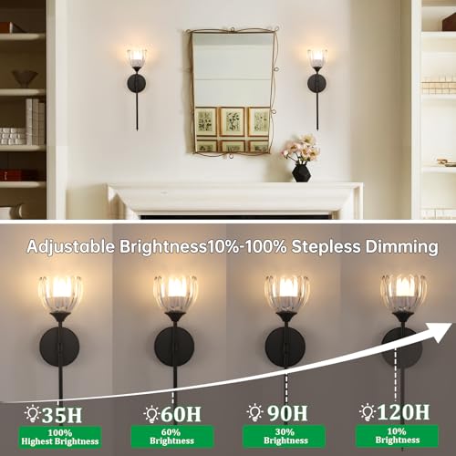 Image of Shenmoyl Battery Operated Wall Sconce Set of 2, Clear Tulip Vintage Wall Light Fixture Rechargeable 5000mAh Battery Powered Wall Lamp with Remote for Living Room Bathroom, Black