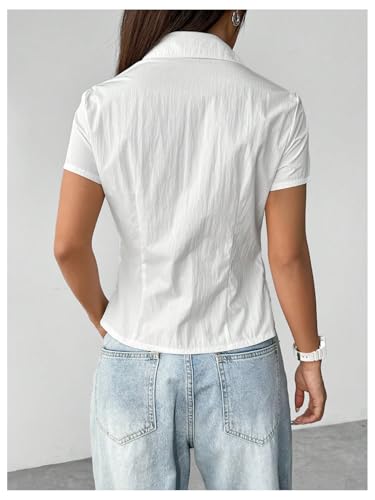 SweatyRocks Women's Ruched Button Up Blouses Collar V Neck Short Sleeve Work Shirts2