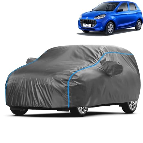 Image of Kerwa Car Body Cover Waterproof with Maruti Alto K10, Dust & UV Resistant All-Weather Proof Full Body Cover, Grey with Blue Lining, Triple Stitched Elastic Bottom with Mirror Pocket