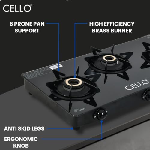 Image of Cello DEZIRE PRO PLUS 3 Burner Gas Stove | Manual Ignition | Direct Flame Brass Burners | 6mm Toughened Glass Top | Hexa Pan Supports | ISI Certified | LPG | 1Yr Warranty