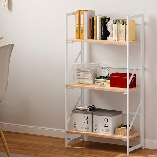 Image of JSB 3 Tier No Assembly Folding Bookshelf, Industrial Metal Book Shelf for Storage, Vintage Wood Foldable Bookcase for Living Room, Bedroom, Office Organization Shelves