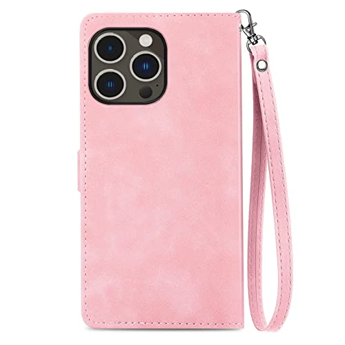 NEXCURIO Zip Wallet Case Compatible with Apple iPhone 14 Pro Max Phone Case Wallet with Credit Card Holder Strap Stand Women Leather Flip Case Floral Folding Cover Shockproof - Image 2