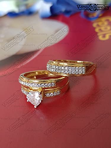 Stunning Heart Shaped 2.80cttw Cubic Zirconia CZ Engagement Ring Trio Bridal Set for Him & Her 14k Yellow Gold Over .925 Sterling Silver4