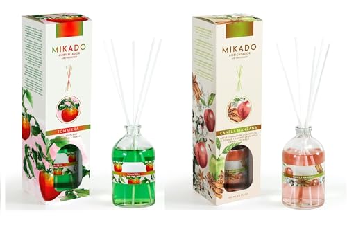 PCMOVILES Mikado Ambientador TOMATERA Y MANZANA & CANELA 100 ml – Pack de 2 Unidades – Aroma Fresco y Natural – Difusor de Varillas para Casa, Oficina y Armario