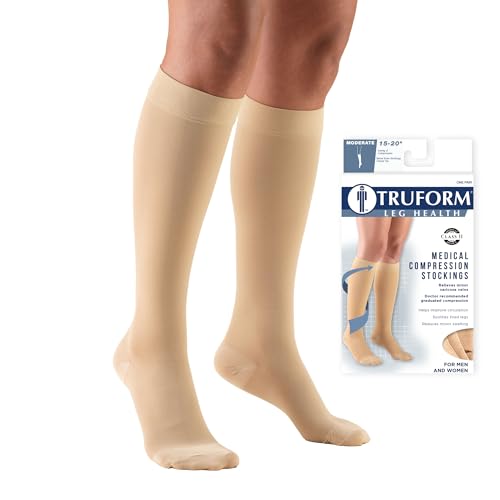 Truform 15-20 mmHg Compression Stockings for Men and Women, Knee High Length, Closed Toe, Beige, Large