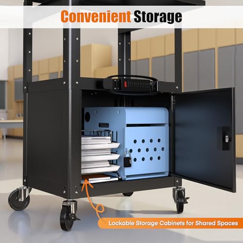 Image of Steel Large AV Cart with Extra Storage - Adjustable Height Cart with Locking Cabinet, Pullout Tray, Power Strip, and Cord Management - Holds 300 lbs and Easy to Assemble (24'' x 18'' x 42'')