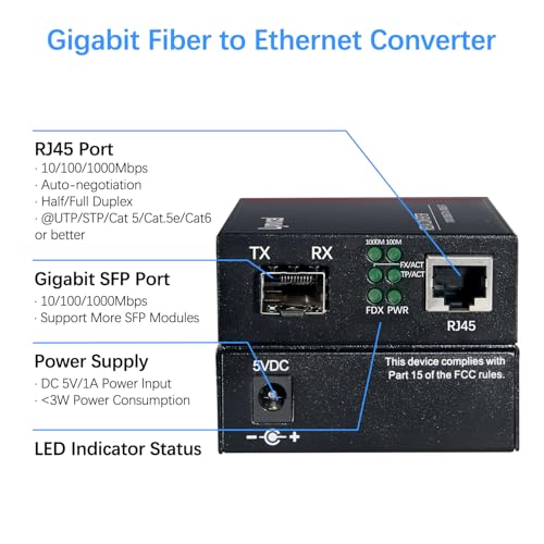 Image of Gigabit Fiber Media Converter, Open SFP Slot SFP to Ethernet Converter, 10 /100 /1000Base-TX to 1000Base-FX Fiber Ethernet Converter, Support SFP Gigabit Modules, 1 Pair