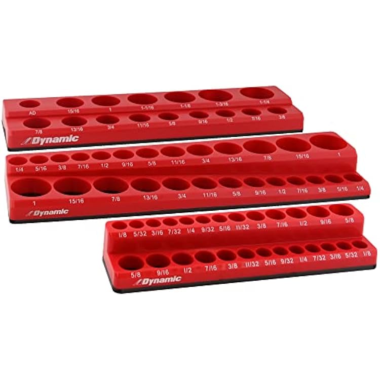 Dynamic 3 Piece Magnetic Socket Organizer Sets, 1/4, 3/8 and 1/2 Drive, SAE and Metric, Quality Tool Box Organizer (3 Pc. SAE Set, Holds 68 Sockets)
