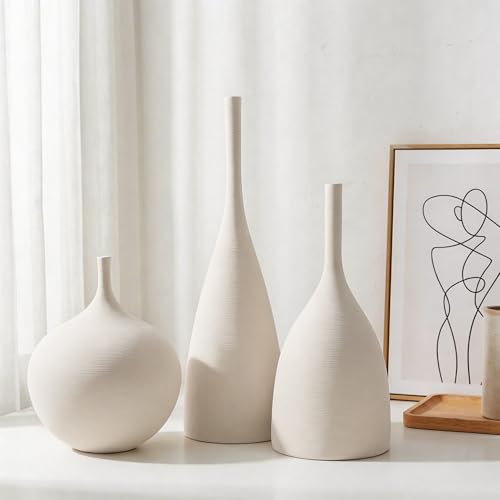 Relexome Ceramic Vase Set of 3 Neutral Vases Home Decor Modern Minimalist Decorative Vase Matte Ribbed Vases for Centerpieces Living Room Shelf Entryway Table Decor Beige by Relexome - Used condition - Image 3