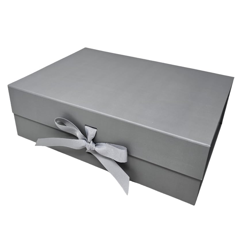 Luxury A4 Size White Folding Magnetic Closure Gift Box with Changeable Ribbon - L31cm x W22cm x H10cm (Grey)