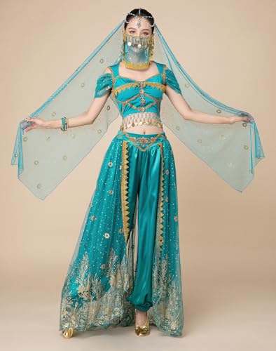 ELLYDOOR Arabian Jasmine Costume for Women Princess Dress Up Halloween Belly Dance Top Pants 4 Piece Outfit