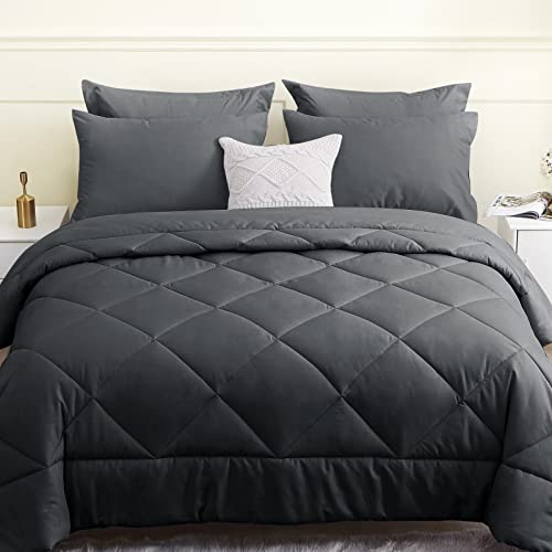 Hevumyi Queen Comforter Set, 8 Pieces All Season Bed In A Bag Queen, Down Alternative Bedding Sets Queen With Comforter, Flat Sheet, Fitted Sheet, Bed Skirt, Pillowcases & Pillow Shams (Dark Gray) #TOP1