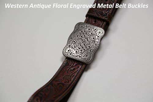 Men's Leather Belt Western Cowboy Floral Engraved Buckle Belts for Men Jeans, Embossed Scrollwork Vintage Style4
