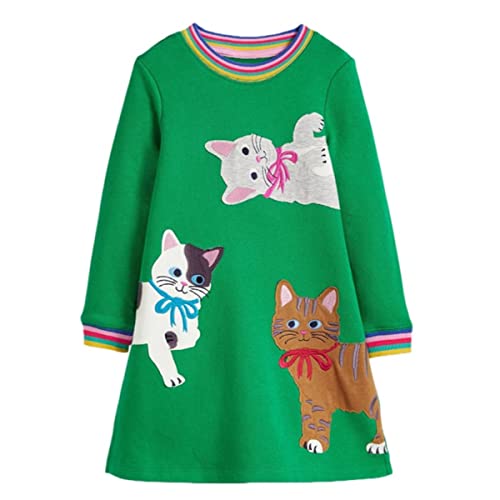 NUBEEHOHO Langarm-Kleid aus Baumwolle für Mädchen, lässiges Basic-Kleid, Cartoon-Applikation, Herbst- und Winterkleidung, A-2-Kat, 104