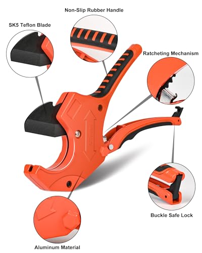 PVC Pipe Cutter, Allmake Ratcheting PVC Pipe Cutters 2 1/2 Inch with Replacement Blade, Heavy Duty Plumbing Tools for Cutting Plastic PVC CPVC PP PEX PPR PE Pipe Hose Tube Exhaust Pipe