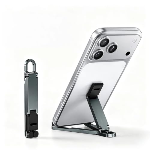 Aluminum Alloy Mini Desktop Cell Phone Holder,Foldable Keychain Phone Holder Portable Hands-Free Travel Phone Holder, Adjustable Angle Vertical and Horizontal,For All Phones,Offices,Travel (Grey)