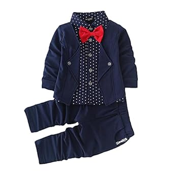 Hopscotch Boys Cotton Blazer Style Formal Shirt and Pant Set with Bow in Navy Colour
