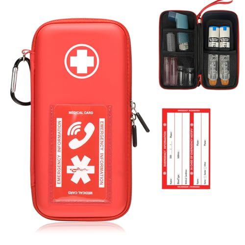 EpiPen Carry Case Hard Emergency Medical Bag with Carabiner-for 2 EpiPens Asthma Inhaler Auvi-Q Eye Drops Anti-Histamine Allergy Medication Diabetes Travel Case for Adults and Kids