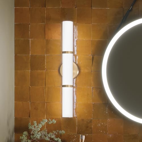 Image of Kichler Rosh 24.25 inch LED Bathroom Vanity Light Fixture with White Glass in Champagne Bronze, Modern Minimalist Bath Bar for Mirror, Dimmable (24.25 inch W x 5 inch H), 55188CPZLED
