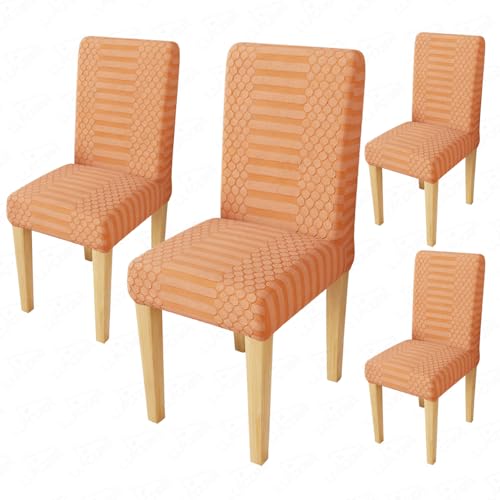 Image of Lukzer Elastic Dining Chair Cover - 4PC Pastel Orange Dotted Stripe | Textured High Stretch Jacquard Seat Cover | Removable Washable Short Dining Chair Cover Protector Seat Slipcover | (CC-069-04)