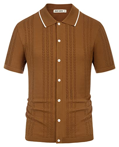 Grace Karin Mens Breathable Knit Polo Shirt Hollow Out Lightweight Summer Polo Shirt Coffee Xl #TOP4