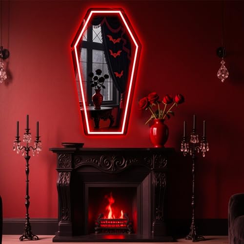 Image of Coffin Neon Mirror, Neon Signs for Wall Decor, Gothic Mirror Gift for Goth Lovers, Whimsical Goth Home Decor, Witch Bedroom Decor 23″x13″