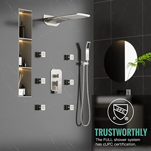 Image of 4-Function Waterfall Shower System with Body Jets, SR SUN RISE Full Body Rainfall Shower System with Handheld Shower Faucet Complete Sets, Wall Mounted Shower Fixture Set for Bathroom, Brushed Nickel