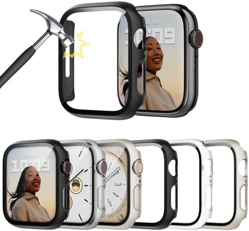 Lovmunia 6-Stück Hülle mit Schutzfolie für Apple Watch Series 9/8/ 7 41mm | Harte PC Schutzhülle, Kratzfest & Stoßfest Displayschutzfolie, Integriertes Gehärtetes Glas für iWatch 4