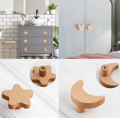 BOOLSFMAM Tier Holz Schrankknöpfe, 6 Stück Massivholz Schubladen Knöpfe Kinder, Sterne, Mond, Wolken Knauf für Schrank Möbelknöpfe Kinder