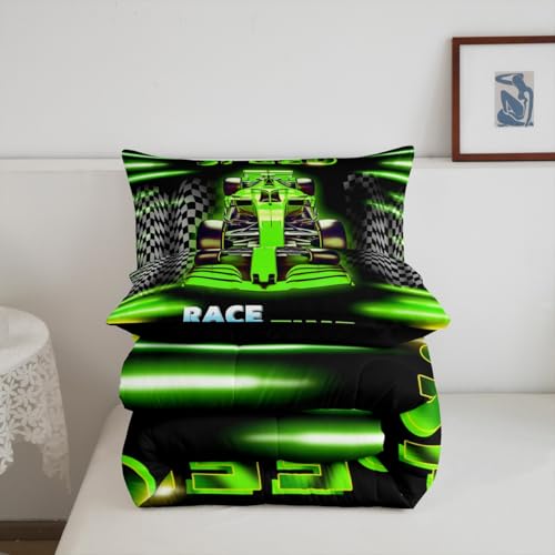 Image of Feelyou Kids Ombre Race Car Comforter Set Queen Size, Racing Sports Duvet Insert Boys Girls Karting Road Bedding Set Teens Bedroom Decor Microfiber Bed Set