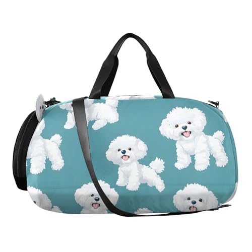 Duffle Bag for Boys or Girls with Shoes Compartment, White Dogs Animal Sports Travel Bag Overnight2