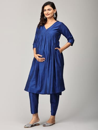 Image of The Mom Store Women's Raw Silk Maternity and Nursing Kurta Set | Front Zipper for Easy Feeding Pre and Post Pregnancy